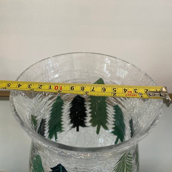 Christmas Pine Tree Crackle Glass Hurricane Candle Holder 8 x 5.5 Holiday New - Picture 6 of 10